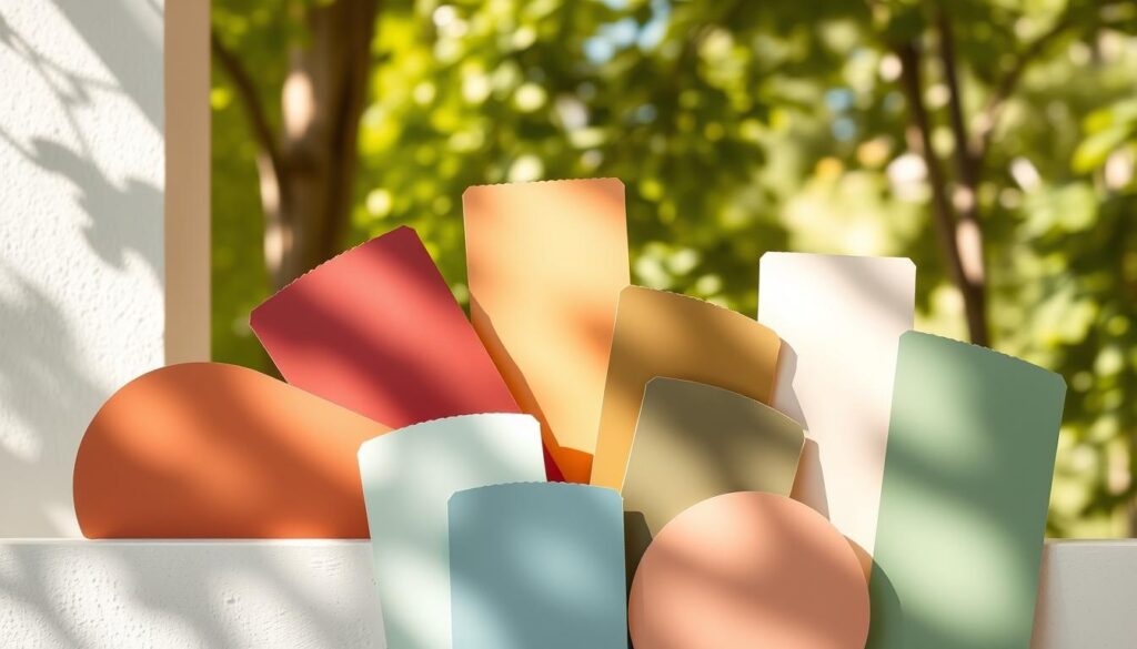 A beautifully curated collection of exterior paint color swatches, artfully arranged against a serene, sun-dappled backdrop. The palette showcases a harmonious blend of warm, earthy tones and crisp, refreshing hues, each shade meticulously selected to evoke a sense of timeless elegance and inviting curb appeal. Soft natural lighting filters through the frame, casting gentle shadows and highlighting the nuanced textures of the paint samples. The overall composition exudes a sense of tranquility and thoughtful design, inspiring viewers to explore the transformative power of color in elevating a home's exterior aesthetic.
