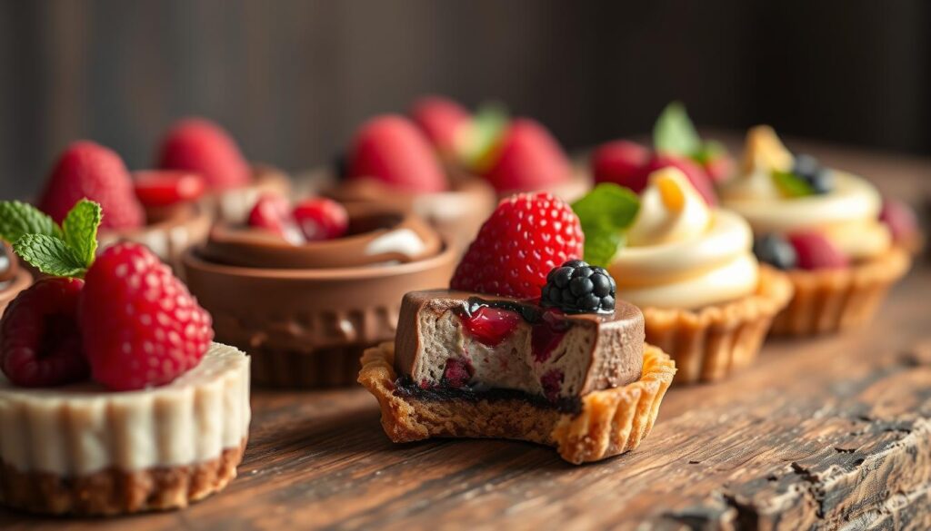 A beautifully lit close-up of an assortment of delectable keto-friendly desserts, including luscious raspberry cheesecake bites, creamy low-carb chocolate mousse, and vibrant mixed berry tarts with a golden crust. The confections are artfully arranged on a rustic wooden surface, showcasing their rich, indulgent textures and vibrant colors. Soft, warm lighting casts a cozy, inviting glow, while a shallow depth of field draws the viewer's attention to the sumptuous details of these naturally sweet, guilt-free treats.