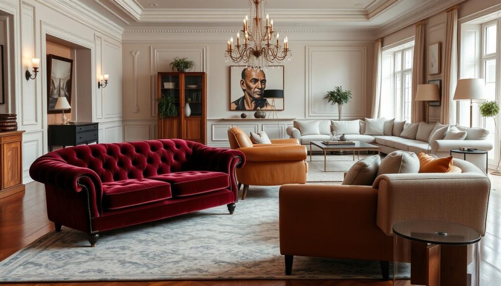 A beautifully lit living room showcasing a collection of timeless sofa styles, each a classic design that has stood the test of time. In the foreground, a plush, button-tufted velvet sofa in a rich burgundy hue, its elegant silhouette and luxurious texture evoking the grandeur of traditional European interiors. Beside it, a mid-century modern loveseat in warm cognac leather, its clean lines and tapered legs a testament to the enduring appeal of 20th-century design. In the background, a large, L-shaped sectional upholstered in a neutral linen weave, its simple, versatile form blending seamlessly with the room's serene, elegant ambiance. Soft, diffused lighting from hidden sconces and a statement chandelier casts a warm, inviting glow, accentuating the timeless beauty of these iconic sofa styles.
