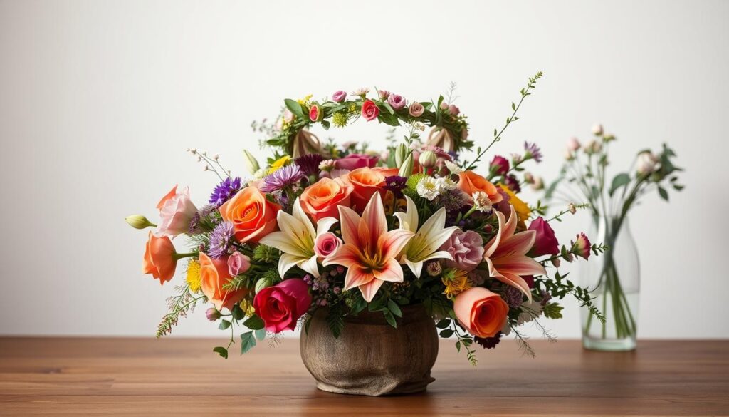 A beautifully lit tabletop scene showcasing various DIY flower arrangement techniques. In the foreground, an array of fresh blooms - roses, lilies, and wildflowers - are arranged in a rustic vase, their vibrant colors and textures popping against a soft, neutral background. The middle ground features a delicate floral crown, its intricate weaving and ribbon detailing visible. In the background, an elegant glass vase holds a minimalist bouquet, demonstrating the art of negative space. Soft, diffused lighting casts a warm, inviting glow, highlighting the artistry and attention to detail in each floral display. The overall mood is one of effortless beauty and simplicity, inspiring the viewer to try their hand at creating their own breathtaking DIY flower arrangements.