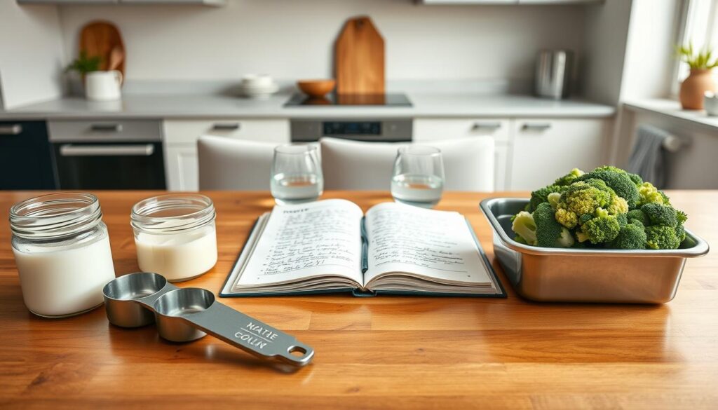 A beautifully lit, top-down shot of a clean, wooden kitchen table with a selection of keto-friendly meal prep items arranged neatly. In the foreground, a set of measuring cups, a jar of coconut oil, and a low-carb vegetable like broccoli or cauliflower. In the middle ground, an open recipe book with handwritten notes, a glass of water, and a stainless steel meal prep container. In the background, a minimalist, light-filled kitchen with simple, modern decor. The overall mood is one of organization, efficiency, and a commitment to healthy, budget-conscious keto living.