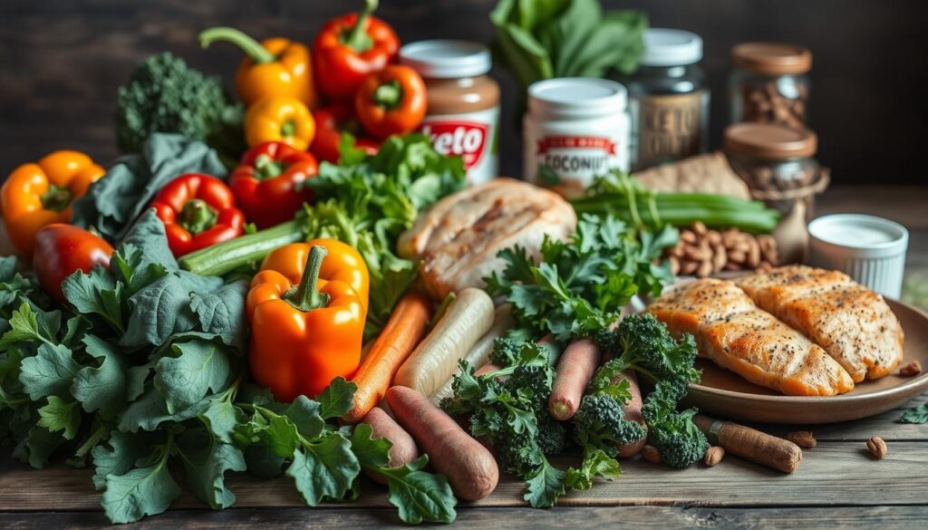 A bountiful still life arrangement of seasonal keto-friendly ingredients, captured in natural soft lighting. In the foreground, an array of fresh vegetables - a mix of leafy greens, vibrant peppers, and hearty root vegetables. In the middle ground, a selection of keto-approved proteins, such as baked chicken thighs and grilled salmon fillets. The background showcases a few pantry staples like nut butters, coconut oil, and raw nuts, all arranged artfully on a rustic wooden table. The overall mood is one of simplicity, health, and budget-conscious abundance.