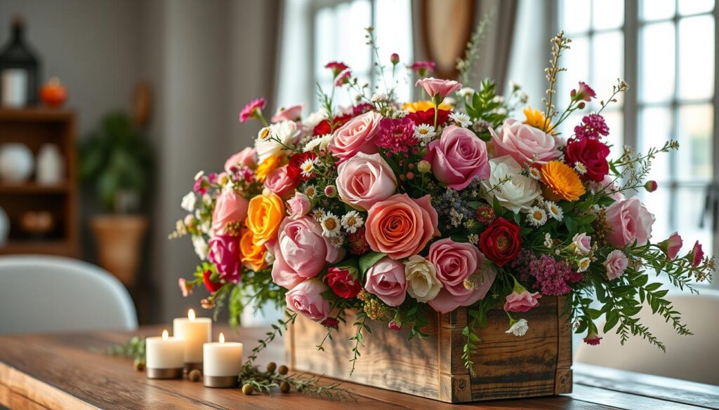 A breathtaking seasonal floral arrangement, featuring an elegant centerpiece of vibrant blooms in a rustic wooden planter. The foreground showcases a lush bouquet of garden roses, peonies, and delicate wildflowers, artfully arranged to create a cascading, overflowing effect. In the middle ground, a scattering of candles and sprigs of greenery add warmth and depth to the composition. The background is softly blurred, allowing the floral display to take center stage, illuminated by natural light pouring in through a large window. The overall mood is one of refined, effortless beauty - a harmonious celebration of nature's seasonal gifts.
