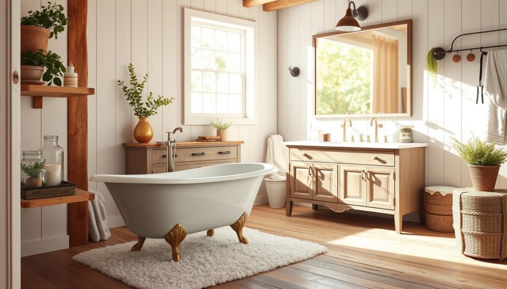 A bright, airy bathroom with rustic wooden accents and natural greenery. In the foreground, a clawfoot tub sits atop a plush white rug, with a collection of glass jars and vases on a floating shelf nearby. The middle ground features a vintage-inspired vanity with a large mirror, adorned with simple brass hardware. In the background, a large window allows sunlight to stream in, casting a warm glow on the space. The overall atmosphere is calming and rejuvenating, perfect for a budget-friendly bathroom refresh.