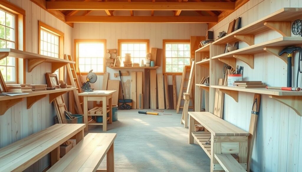 A bright, airy farmhouse-style workshop with natural wooden shelves and DIY storage solutions. In the foreground, handmade wooden shelves in varying lengths and depths, some with decorative brackets. In the middle ground, various DIY projects and tools - a saw, hammer, nails, and stains or paints. The background is filled with windows letting in warm, diffused sunlight, casting a soft glow over the scene. The overall mood is one of creativity, organization, and rustic charm, inviting the viewer to explore customization ideas for their own farmhouse-inspired shelving.