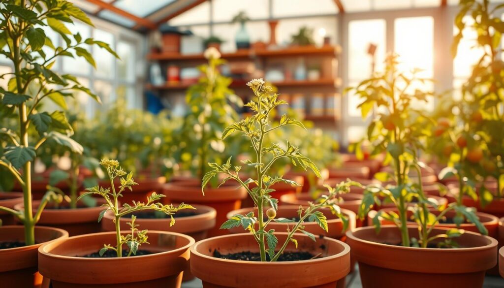 A bright, airy indoor greenhouse filled with lush, vibrant tomato plants growing in terracotta pots. Warm, natural light streams in through large windows, casting a soft glow on the scene. In the foreground, a few small tomato seedlings are just starting to sprout, their delicate green leaves unfurling. In the middle ground, more established plants stand tall, their stems thick and sturdy, adorned with clusters of tiny white flowers. The background features shelves lined with various gardening tools and supplies, hinting at the care and attention needed to cultivate these homegrown tomatoes. An overall sense of calm, nurturing growth permeates the composition.