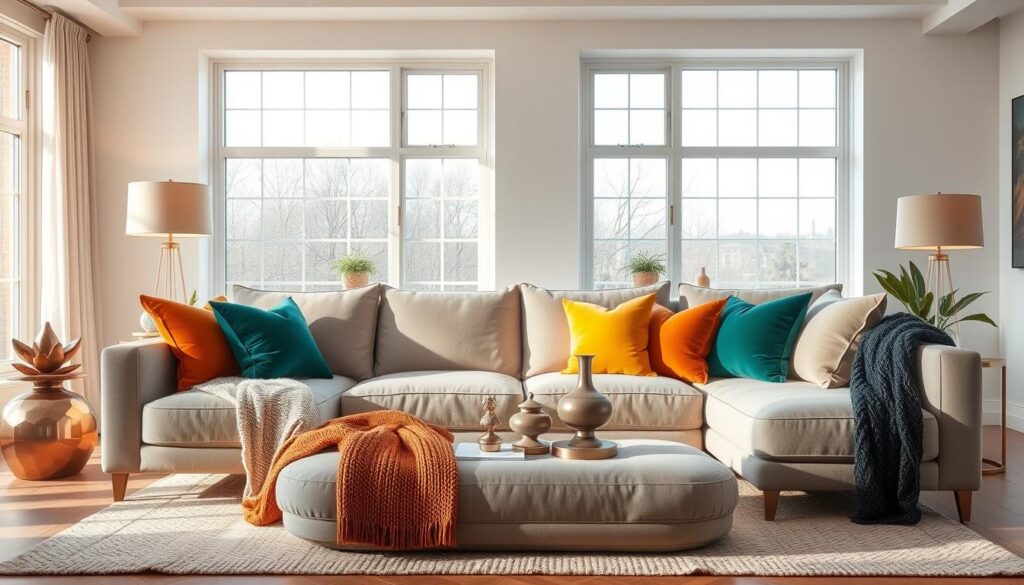 A bright, airy living room with a stylish, on-trend couch as the focal point. The couch is an elegant design in a sophisticated color palette, featuring a mix of neutral tones like soft grays and beiges, accented by pops of vibrant hues like terracotta, mustard yellow, and deep forest green. Plush, velvety textures complement the smooth, clean lines of the couch. Soft, diffused lighting from large windows and a few well-placed lamps create a warm, inviting ambiance. Decorative throw pillows, a cozy knit blanket, and a few carefully selected accent pieces like sculptural vases or metallic side tables add the finishing touches to this visually stunning, Instagram-worthy living room scene.