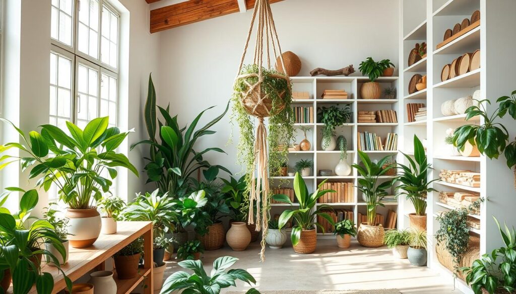 A bright, airy room with natural sunlight filtering through large windows. In the foreground, a collection of lush, verdant houseplants in attractive ceramic pots arranged artfully on wooden shelves. The middle ground features a woven macrame plant hanger suspended from the ceiling, trailing tendrils of cascading foliage. In the background, a floor-to-ceiling bookshelf filled with natural elements like driftwood, river stones, and woven baskets. The overall mood is one of calm, organic sophistication, drawing the eye to the harmonious integration of greenery and decor.
