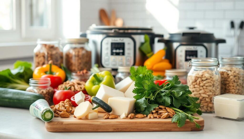 A bright and airy kitchen setting, showcasing an assortment of affordable keto-friendly ingredients. In the foreground, a wooden cutting board displays a variety of low-carb vegetables such as zucchini, bell peppers, and leafy greens. Surrounding them, glass jars filled with nuts, seeds, and high-fat dairy products like cheese and butter. In the middle ground, a stainless steel appliance, perhaps a slow cooker or an Instant Pot, suggests the preparation of a nourishing keto-friendly meal. The background features natural light streaming through a window, casting a warm glow over the scene and creating a welcoming atmosphere. The overall impression is one of a well-stocked, budget-conscious keto kitchen, inspiring viewers to make healthy and affordable choices.