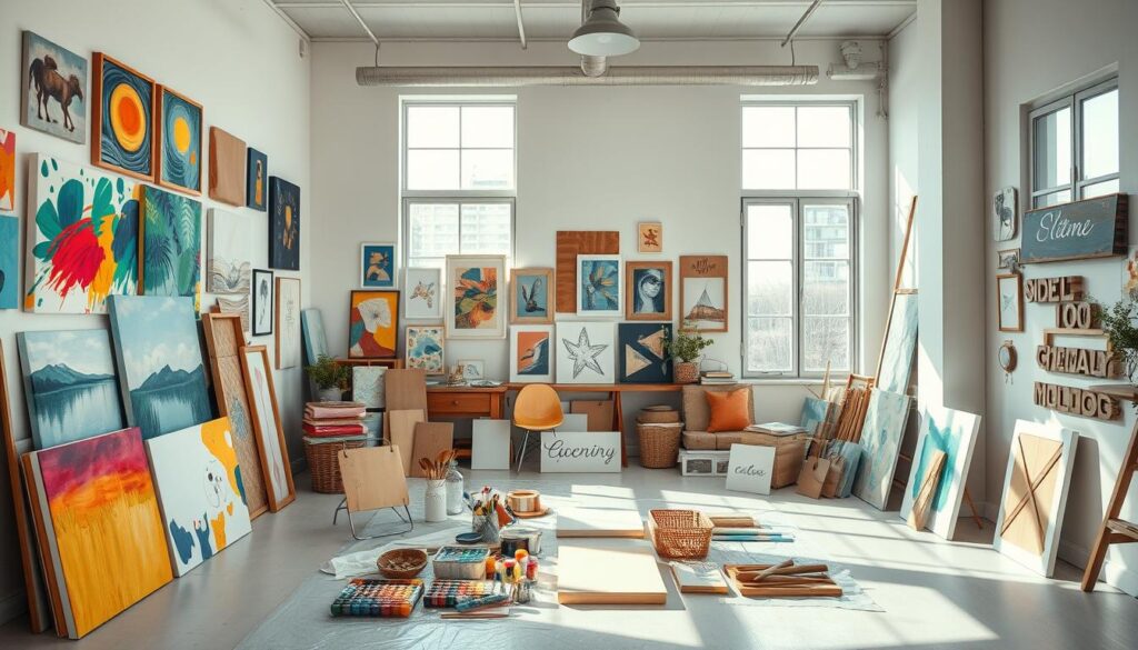 A bright, well-lit studio space filled with various DIY wall art projects in the foreground. A mixture of vibrant canvases, framed abstract prints, and handcrafted wooden signs adorn the walls, creating a dynamic and visually interesting composition. The middle ground features a selection of crafting supplies, including paints, brushes, and unfinished pieces, suggesting an ongoing creative process. The background showcases a minimalist, neutral-toned room with large windows, allowing natural light to flood the space and highlight the unique textures and styles of the DIY wall art. The overall mood is one of creativity, inspiration, and a sense of personal expression through thoughtful, handmade decor.