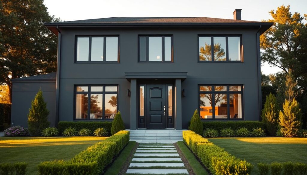 A charcoal gray modern two-story house, its sleek facade bathed in warm golden afternoon light. The home's clean lines and large windows create an elegant, understated aesthetic. The front door is painted in a deep matte black, complemented by matching window frames and trim. A lush green lawn and neatly manicured shrubs frame the home, leading the eye towards its striking silhouette. The scene conveys a sense of timeless sophistication, inviting the viewer to imagine themselves in this serene, sophisticated setting.