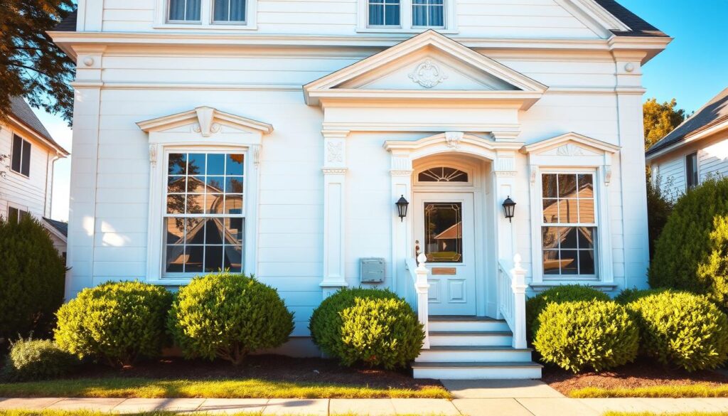 A classic white exterior with a crisp, clean finish, bathed in warm, golden sunlight. The facade features a symmetrical design with a charming entryway, ornate moldings, and neatly trimmed shrubs lining the foundation. The windows gleam, reflecting the clear blue sky above. The paint sheen is flawless, creating a sense of timeless elegance that would complement a variety of architectural styles, from traditional to modern. A well-maintained, inviting home that exudes a sense of refined sophistication and curb appeal.