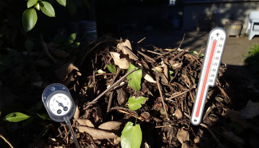 A cluttered and disorganized compost pile, with various issues visible: piles of undecomposed leaves and twigs, an unbalanced mix of wet and dry materials, and signs of pest intrusion. The scene is dimly lit, with shadows cast from the surrounding vegetation. A sense of neglect and frustration pervades the atmosphere. In the foreground, a compost thermometer protrudes from the pile, its reading indicating suboptimal temperatures. The middle ground features a mix of decaying organic matter and a few visible insects, while the background depicts a modest backyard setting with a shed or fence in the distance.