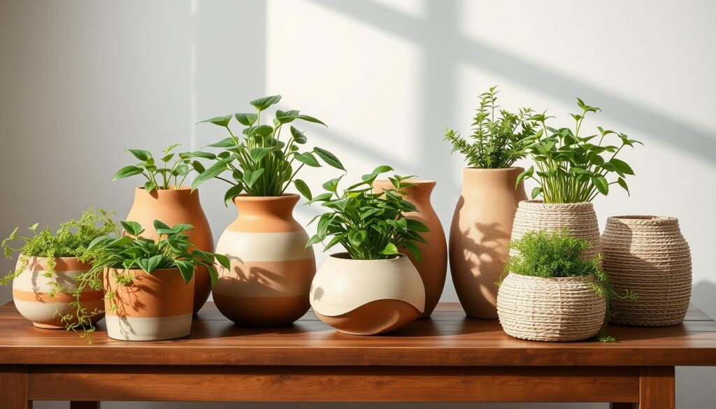 A collection of handcrafted planters in various shapes and sizes, artfully arranged on a wooden table. The planters are made from natural materials like terracotta, ceramic, and woven wicker, each with a unique texture and organic form. Soft, diffused lighting casts gentle shadows, creating a serene and inviting atmosphere. Lush, verdant plants spill out from the planters, their vibrant green foliage complementing the earthy tones of the decor. The arrangement is carefully balanced, with the planters positioned to create a harmonious and visually appealing display, effortlessly blending the beauty of nature with handcrafted elegance.