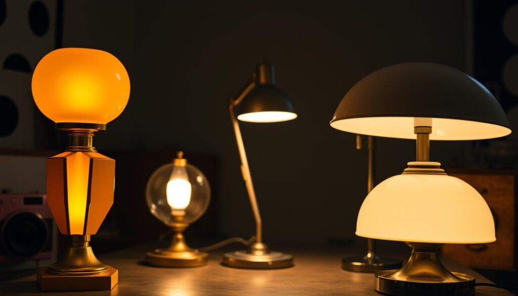 A collection of iconic retro lamps showcasing their distinctive features. In the foreground, a warm-toned Art Deco-inspired table lamp with a sleek, geometric brass base and a frosted glass shade. In the middle ground, a mid-century modern floor lamp with an adjustable arm and a minimalist tulip-shaped shade. In the background, a vintage-inspired desk lamp with a classic domed shade and a sturdy cast-iron base. The scene is bathed in a soft, ambient lighting, creating a cozy and nostalgic atmosphere. The lamps are thoughtfully arranged to highlight their timeless designs and the timeless appeal of retro lighting.