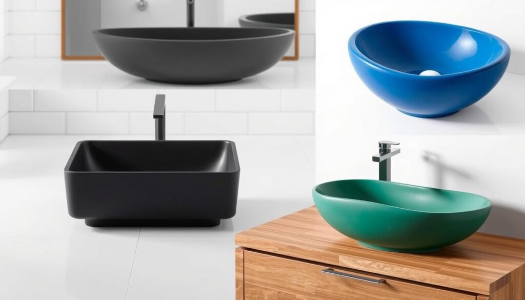 A collection of unique and visually striking bathroom sinks, showcasing a diverse range of colors, materials, and designs. In the foreground, a sleek, rectangular sink with a matte black finish stands out against a backdrop of minimalist white tiles. In the middle ground, a smooth, organic-shaped sink in a deep emerald green hue rests on a wood vanity, creating a harmonious blend of natural and modern elements. Finally, a sculptural, asymmetrical sink in a vibrant cobalt blue dominates the background, its bold silhouette and striking color evoking a sense of artistic flair. The lighting is soft and diffused, highlighting the textures and contours of each sink design, creating an overall atmosphere of refined elegance and individuality.