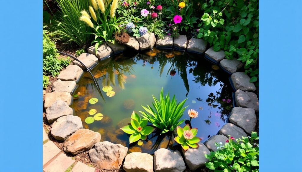 A compact, meticulously designed garden pond with natural stone borders, surrounded by lush foliage, including tall ornamental grasses, flowering perennials, and trailing vines. The tranquil pond reflects the azure sky above, creating a serene and inviting atmosphere. Soft, natural lighting illuminates the scene, highlighting the details of the carefully curated aquatic plants and the smooth surface of the water. The overall composition conveys a sense of harmony, balance, and a welcoming retreat for small urban or patio gardens.