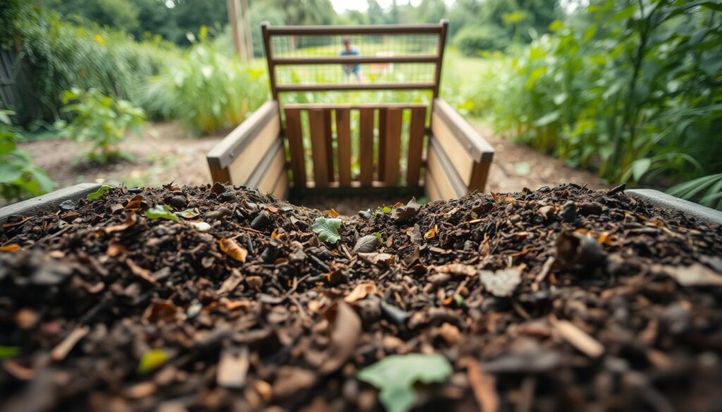 A composting process with detailed layers, shot from an overhead perspective using a wide-angle lens. The foreground depicts organic matter, such as vegetable scraps, leaves, and grass clippings, arranged in a circular pattern. The middle ground showcases an open-top compost bin, with its wooden slats and wire mesh allowing air flow. In the background, a lush garden setting with vibrant greenery provides a natural backdrop. Soft, diffused lighting illuminates the scene, creating a warm and earthy atmosphere that conveys the tranquility and simplicity of the composting process.