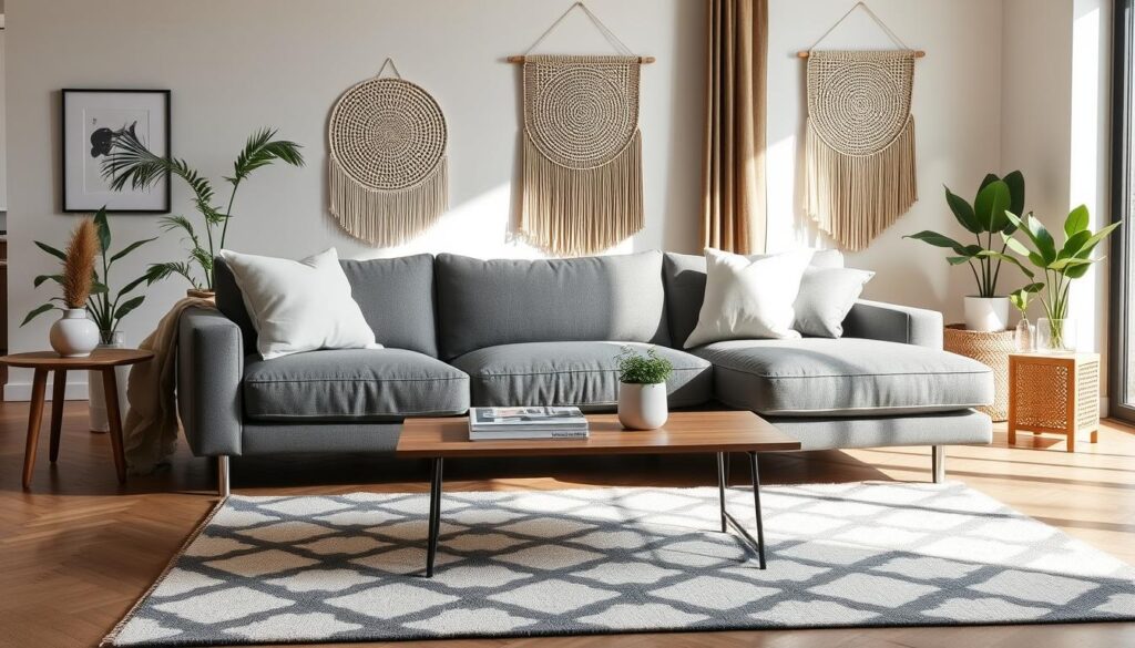 A contemporary living room filled with an array of trendy, minimalist home accessories. A sleek, grey sectional sofa with plush white throw pillows takes center stage, complemented by a low, wooden coffee table adorned with a small potted plant and a stack of design magazines. In the foreground, a geometric-patterned area rug grounds the space, while in the background, a large window allows natural light to pour in, illuminating a wall hanging made of woven rattan. The overall scene conveys a sense of modern, yet welcoming comfort, perfect for the "Trending Decorative Home Accessories in American Interior Design".