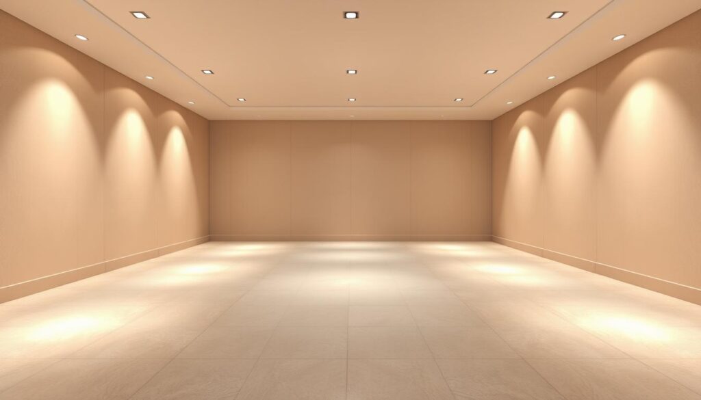 A contemporary, minimalist floor design with clean lines and sleek textures. A central focus on a large-format porcelain tile in a subtle, neutral color palette, accentuated by accent tiles in contrasting hues. The room is bathed in warm, diffused lighting from recessed fixtures, creating a serene and sophisticated ambiance. The overall layout follows a grid-like pattern, with tiles precisely aligned to create a sense of visual harmony. The floor seamlessly transitions into the surrounding walls, enhancing the cohesive, modern aesthetic. A low-profile baseboards completes the streamlined look, allowing the flooring to be the star of the scene.