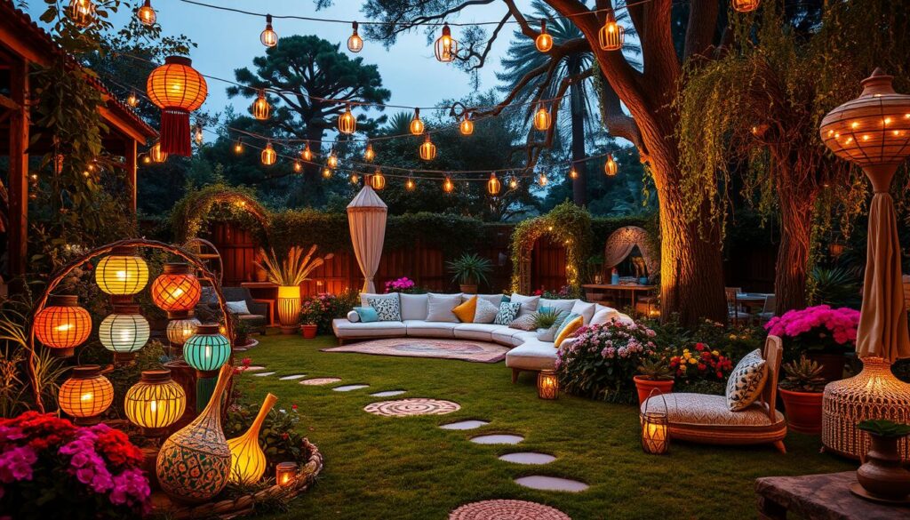 A cozy Bohemian-style garden at dusk, filled with lush greenery, vibrant flowers, and an array of whimsical lighting. In the foreground, a cluster of colorful lanterns and string lights cast a warm, inviting glow, illuminating the whimsical pathways winding through the garden. In the middle ground, a collection of oversized floor cushions and woven rugs create a cozy lounge area, perfect for relaxing on a summer evening. In the background, towering trees and trailing vines frame the scene, adding a touch of enchantment. The overall mood is one of relaxation and wonder, with the lighting creating a magical, otherworldly atmosphere.
