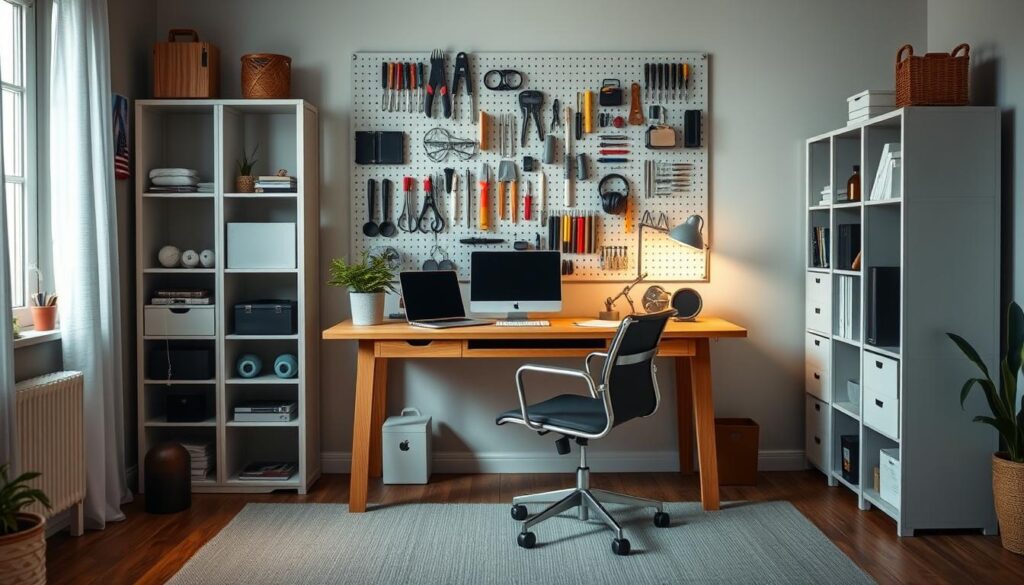 A cozy and functional IKEA home office with a large wooden desk, modular shelving units, and a comfortable task chair. Soft, warm lighting illuminates the space, creating a pleasant and productive atmosphere. The desk is adorned with a potted plant, a laptop, and a few personal items, hinting at the homeowner's style and interests. In the background, a wall-mounted pegboard displays an assortment of office supplies and tools, showcasing the versatility of IKEA's organizational solutions. The overall scene conveys a sense of efficiency, creativity, and a touch of Scandinavian minimalism.