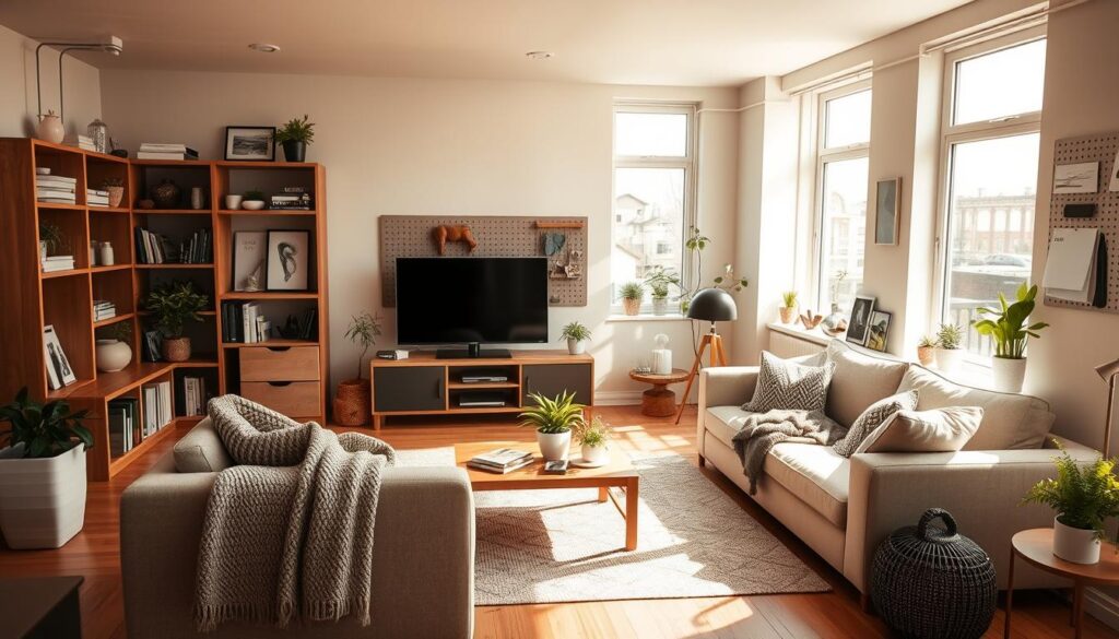 A cozy and inviting IKEA living room, bathed in warm, natural light streaming through large windows. Sleek, minimalist furniture in neutral tones - a plush, modular sofa, a low, wooden coffee table, and bookshelves showcasing decorative accents. Soft textures abound, like knitted throws and lush, potted plants. The room is filled with clever IKEA hacks, such as a repurposed storage unit serving as a TV stand, and a wall-mounted pegboard organizing everyday items. The overall atmosphere is one of effortless style and functionality, inspiring viewers to unleash their creativity and transform their own living spaces.
