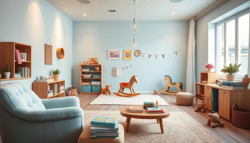 A cozy and inviting baby blue playroom with soft, textured walls, natural wood accents, and plush, colorful furnishings. The space is bathed in warm, diffused lighting, creating a serene and calming atmosphere. In the foreground, a plush, tufted armchair sits next to a low, wooden coffee table, topped with stacks of children's books. The middle ground features a play area with a soft, patterned rug, a wooden rocking horse, and a variety of toys and stuffed animals. The background showcases a large window, allowing natural light to flood the room and highlighting the airy, open feel of the space.