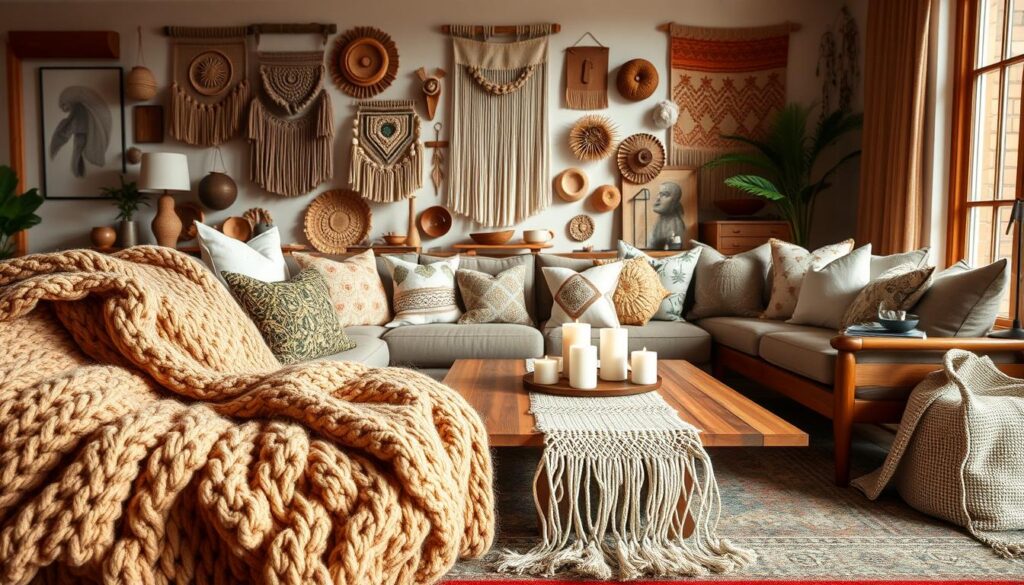 A cozy and inviting living room filled with an assortment of stylish textile accessories. In the foreground, a plush, oversized knitted throw blanket in a warm, earthy tone draped over a mid-century modern sofa. Scattered around are fluffy accent pillows in complementary patterns and textures, adding depth and character. In the middle ground, a sleek, wooden coffee table is adorned with a hand-woven macrame table runner and a cluster of scented candles, creating a soft, ambient glow. The background features a gallery wall showcasing an eclectic mix of woven wall hangings, embroidered tapestries, and handcrafted decorative objects, all bathed in warm, natural light streaming through large windows. The overall scene emanates a sense of rustic elegance and cozy sophistication.