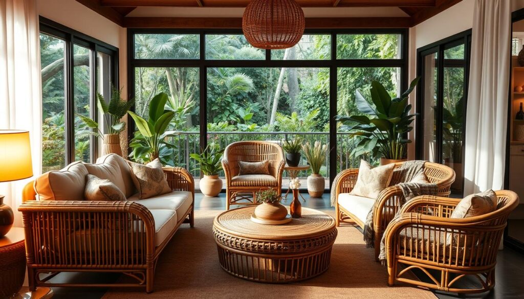 A cozy and inviting living room with a focal point of beautifully crafted rattan furniture. In the foreground, a plush rattan sofa and two matching armchairs are arranged around a low rattan coffee table, all bathed in warm, diffused lighting. In the middle ground, potted plants and natural fiber decor elements add a touch of organic elegance. The background features large windows overlooking a lush, verdant outdoor scene, creating a seamless transition between indoor and outdoor spaces. The overall atmosphere is one of relaxation and refined, bohemian-inspired style.
