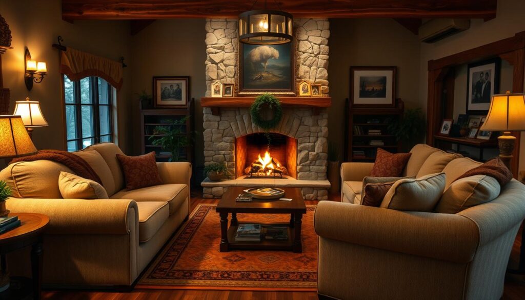 A cozy and inviting living room with plush, overstuffed seating arrangements. A large, comfortable sofa and two matching armchairs sit on a warm, patterned area rug, positioned in front of a stone fireplace with a crackling fire. Soft, indirect lighting emanates from sconces and a pendant fixture, creating a soothing ambiance. The room is adorned with rich, textured fabrics in earthy tones, complemented by wooden accents and greenery. Framed artwork and personal mementos add character and a lived-in feel. The overall scene evokes a sense of relaxation and comfort, perfect for sinking into and enjoying a good book or conversation.