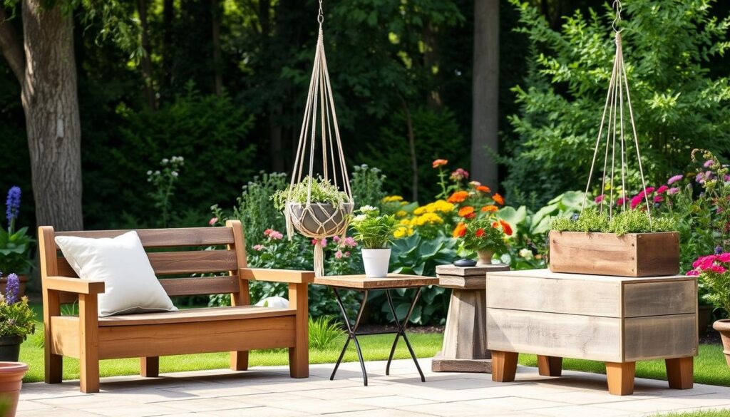 A cozy and inviting outdoor garden setting, showcasing an assortment of stylish DIY garden furniture ideas. In the foreground, a rustic wooden bench with a plush cushion and throw pillow invites relaxation. A simple yet elegant DIY side table crafted from reclaimed materials sits nearby. In the middle ground, a hanging macrame plant holder and a quirky DIY planter box add pops of greenery and texture. The background features a lush, verdant garden backdrop with tall trees and vibrant flowers, creating a serene and tranquil atmosphere. Warm, natural lighting illuminates the scene, highlighting the organic materials and handcrafted charm of the DIY furnishings. The overall composition conveys a sense of effortless style and inspiration for beginner-friendly DIY garden projects.