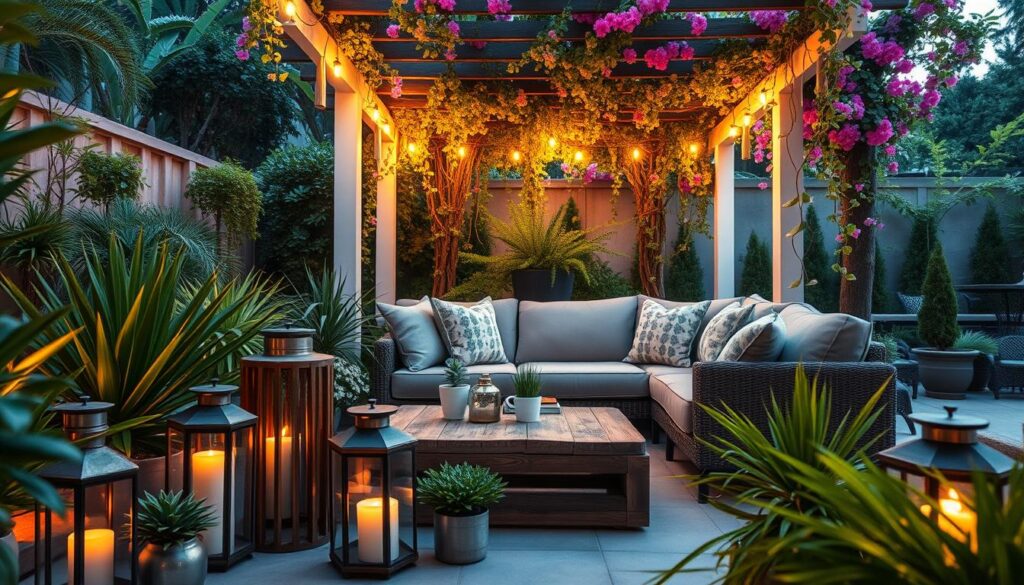 A cozy and stylish outdoor patio setting, with a plush seating area surrounded by lush, vibrant greenery. In the foreground, an assortment of trendy accent pieces - decorative lanterns, potted plants, and a rustic wooden coffee table. The middle ground features a modern, L-shaped sectional sofa with plush throw pillows, inviting guests to relax and unwind. Warm, ambient lighting casts a soft glow, creating a welcoming atmosphere. In the background, a visually striking trellis or pergola, adorned with cascading vines and flowers, sets the stage for this serene and inviting outdoor retreat. The overall composition conveys a harmonious blend of nature and contemporary design, exuding a sense of sophistication and comfort.