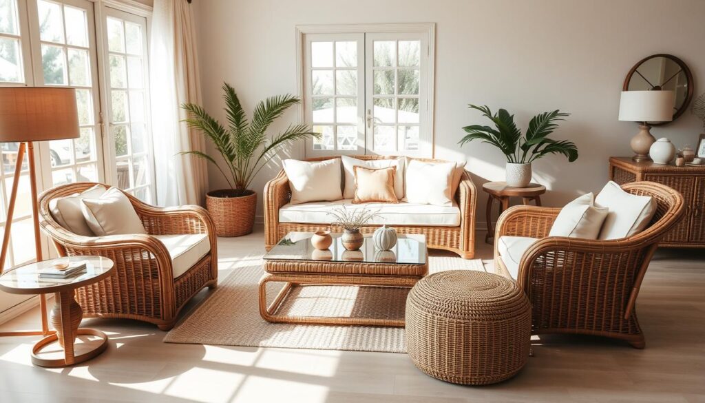 A cozy and stylish rattan living room vignette, bathed in warm, natural light filtering through large windows. A beautiful rattan sofa with plush cushions takes center stage, flanked by matching armchairs and a sleek rattan coffee table. Carefully curated rattan decor elements, such as a floor lamp, side table, and decorative accessories, create a harmonious, inviting atmosphere. The room's neutral color palette, punctuated by natural textures and materials, evokes a serene, beach-inspired ambiance. The camera angle captures the scene from a slightly elevated perspective, showcasing the elegant and functional rattan furniture in all its glory.