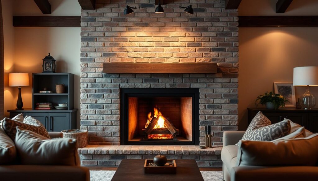 A cozy and traditional brick fireplace takes center stage in a warm and inviting living room. The fireplace features a modern design with clean lines, a minimalist mantel, and a textured brick surround that adds depth and character. Soft lighting from overhead fixtures and a roaring fire in the hearth create a comfortable and intimate atmosphere. The room is styled with plush furnishings, rich textures, and earthy tones that complement the rustic charm of the fireplace. The scene is captured from a slightly elevated angle, allowing the fireplace to be the focal point while showcasing the room's overall design and ambiance.