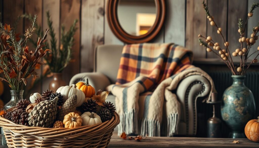 A cozy autumnal scene showcases an assortment of seasonal home decor. In the foreground, a woven basket overflows with pinecones, dried leaves, and gourds in muted earth tones. Flanking it are decorative vases filled with sprigs of fragrant rosemary and olive branches. In the middle ground, a plush throw blanket in a warm plaid pattern drapes over a vintage armchair, inviting relaxation. Soft, diffused lighting casts a golden glow, creating an atmosphere of rustic elegance. In the background, a wall-mounted wooden mirror reflects the arrangement, adding depth and visual interest. Textural elements like weathered wood, linen, and natural fibers blend harmoniously, evoking the beauty of the changing seasons.