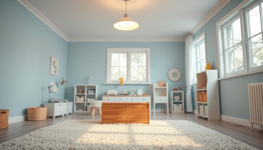 A cozy baby blue playroom bathed in warm, diffused lighting. A soft, overhead light fixture casts a gentle glow, illuminating the plush, textured rug and wooden toy chest in the foreground. Pastel-hued walls recede into the background, creating a calming, inviting atmosphere. Large windows allow natural light to filter in, casting a serene, ethereal ambiance. Carefully placed task lamps provide additional illumination for play and learning areas, ensuring a safe, well-lit space for a young child to explore and discover.
