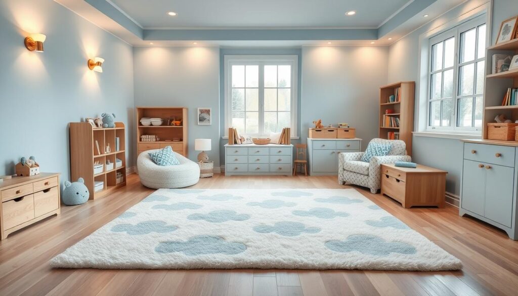 A cozy baby blue playroom with a plush, soft area rug in the center. The rug features a whimsical cloud pattern in shades of blue and white, complementing the pale blue walls. Warm, indirect lighting from sconces and a large window casts a soothing glow. Wooden shelves and toy chests line the walls, creating ample storage space for toys and books. Fluffy throw pillows and a cozy armchair invite little ones to relax and play. The overall atmosphere is serene, calming, and inviting, perfect for inspiring imaginative exploration.