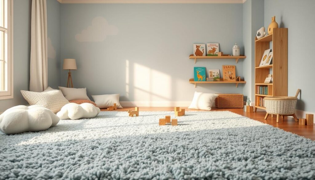 A cozy baby blue-themed playroom, filled with plush textures and warm, gentle lighting. In the foreground, a soft shag rug in a muted blue tone, dotted with fluffy cloud-shaped pillows. Wooden toys and pastel-colored blocks scattered playfully. Against the far wall, a cheerful mural depicts fluffy clouds and whimsical wildlife. Wooden shelves display storybooks with vibrant illustrations, casting a comforting ambiance. The room is bathed in soft, diffused light, creating a serene, inviting atmosphere perfect for a child's imagination to thrive.