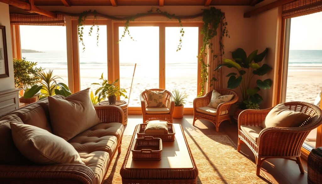 A cozy coastal boho living room with rattan furniture bathed in warm, golden afternoon sunlight. In the foreground, a plush, tufted rattan sofa with plush throw pillows in earthy tones. Beside it, a low rattan coffee table with a decorative woven tray. The middle ground features a pair of woven rattan armchairs, one with a floral printed cushion. In the background, a large window overlooking a sandy beach and azure ocean. Trailing vines and lush potted plants add a lush, organic touch. The scene radiates a relaxed, sun-drenched ambiance.