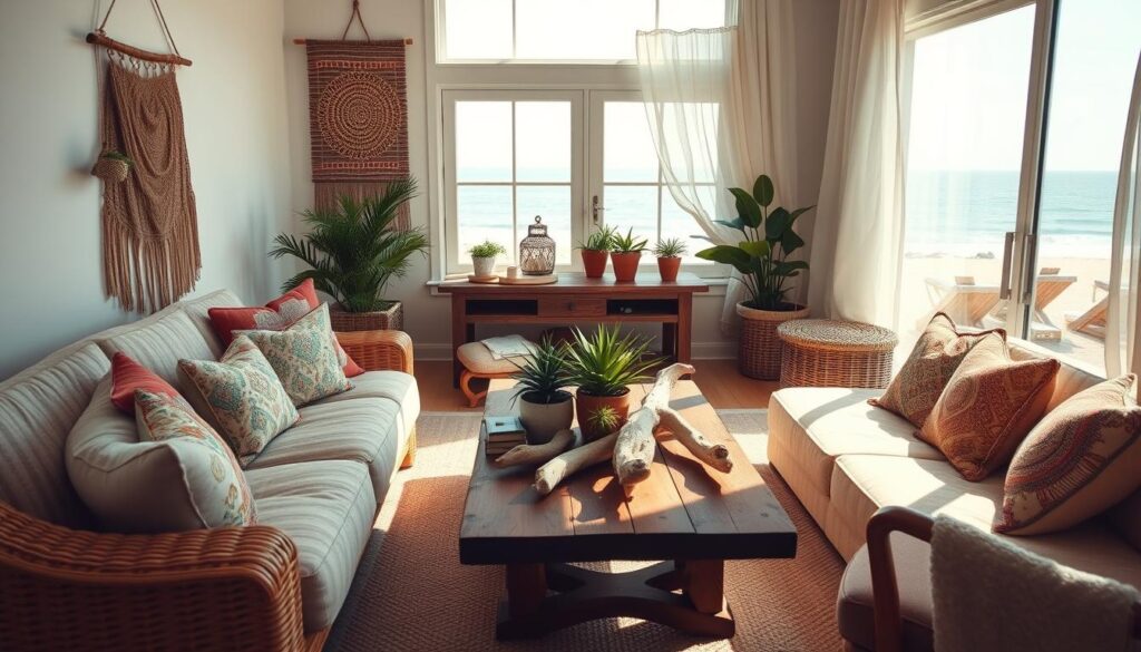 A cozy coastal living room with bohemian flair. In the foreground, a plush rattan sofa adorned with colorful patterned cushions and a woven wall hanging. In the middle, a rustic wooden coffee table topped with driftwood accents and potted plants. In the background, large windows overlooking a sun-dappled ocean view, with sheer white curtains billowing in the gentle breeze. The lighting is soft and natural, capturing the warmth and tranquility of a beachside retreat. The overall atmosphere exudes a laid-back, effortless elegance that embodies the essence of coastal bohemian style.