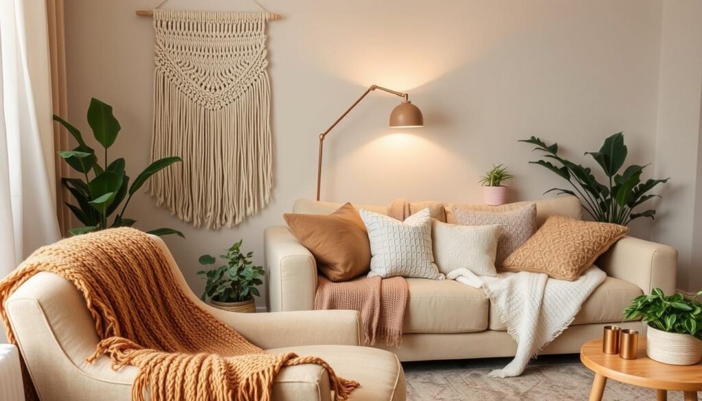 A cozy corner of a living room filled with an array of textile projects for home decor. In the foreground, a handwoven throw blanket in earthy tones drapes over a plush armchair. Nearby, a macrame wall hanging in shades of ivory and beige adds texture and warmth. In the middle ground, a collection of decorative cushions in various patterns and textures - velvet, linen, and chunky knits - are arranged on a neatly styled sofa. Soft, diffused lighting from a minimalist floor lamp creates a inviting ambiance, while potted plants and a wooden side table complete the lived-in, yet refined aesthetic. The overall scene conveys a sense of comfort, creativity, and attention to detail.