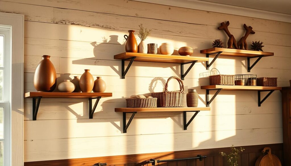 A cozy farmhouse interior, sunlit shelves adorning the wall. Vintage-inspired wooden planks, their worn surface reflecting the warm glow of a nearby window. Carefully curated decorative items - ceramic vases, woven baskets, and rustic trinkets - arranged with artful precision. The shelves themselves, sturdy yet elegant, seamlessly integrated into the space, creating a harmonious display. Gentle shadows cast by the shelves, hinting at the depth and texture of the installation. An inviting, homey atmosphere, perfect for displaying one's cherished possessions in a charming, DIY farmhouse style.