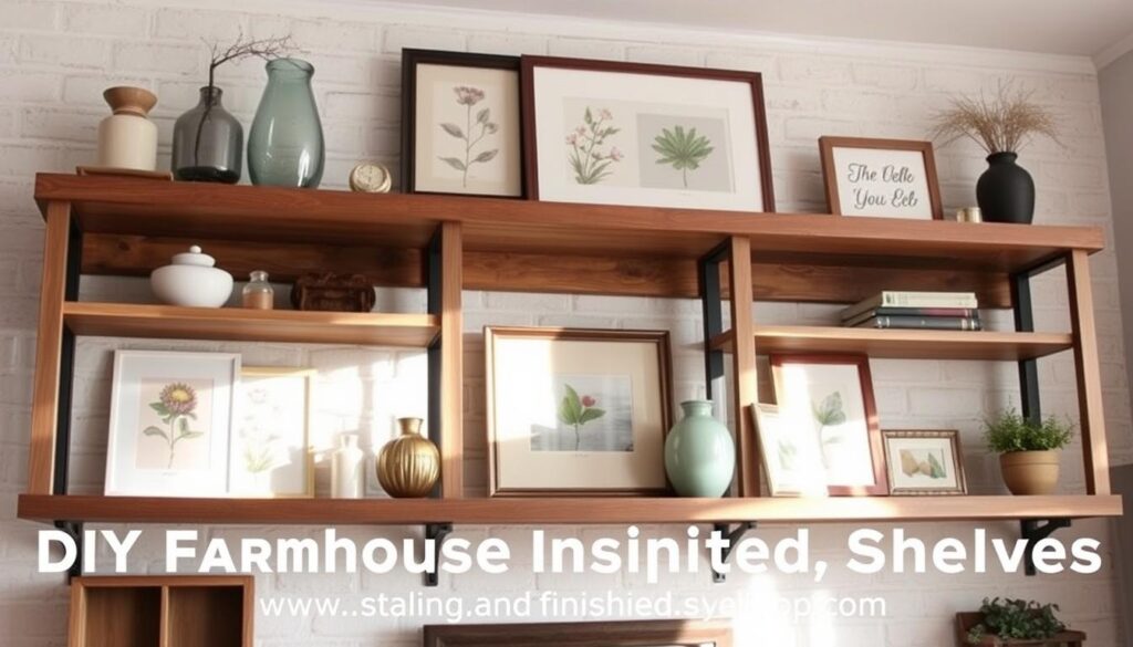 A cozy farmhouse-style shelving unit, illuminated by soft, natural lighting filtering through a large window. The weathered wood shelves are adorned with decorative vases, framed botanical prints, and a few rustic knickknacks, creating a charming, lived-in aesthetic. The shelves are finished with a warm, distressed stain, accentuating the wood's natural grain. The background features a whitewashed brick wall, adding to the inviting, country-chic ambiance. The overall scene conveys a sense of relaxed, comfortable living, perfect for showcasing the staining and finishing options for DIY farmhouse-inspired shelves.
