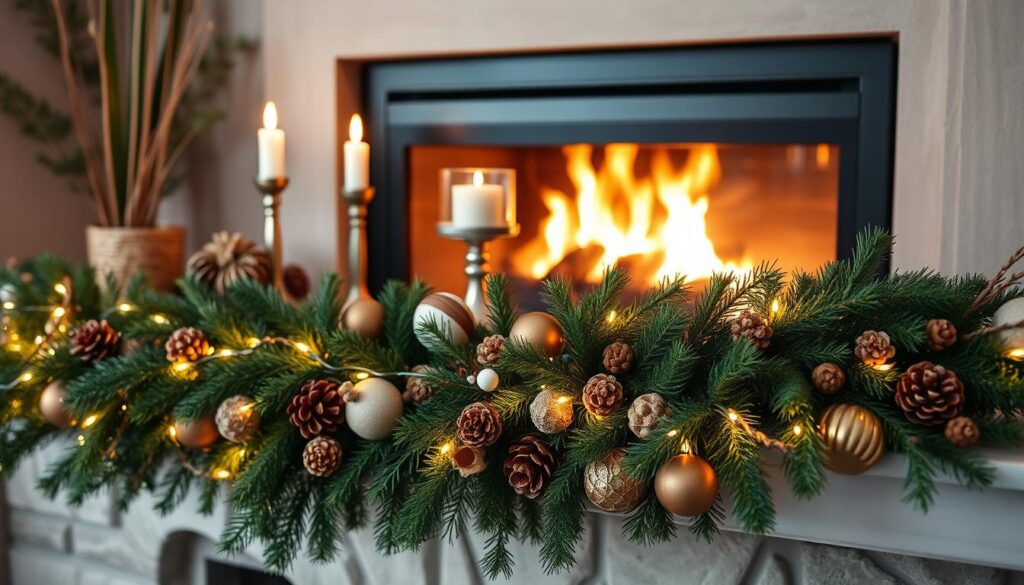 A cozy fireplace mantel adorned with a curated collection of seasonal decor. In the foreground, a lush garland of fresh evergreens and twinkling fairy lights cascades across the mantel's smooth stone surface. Nestled among the greenery, an assortment of natural elements like pinecones, dried flowers, and woven accents add texture and warmth. The middle ground features a pair of elegant candle holders, their flames casting a soft, flickering glow. In the background, the fireplace itself is aglow, the crackling flames casting a golden, inviting light throughout the space. The overall scene radiates a sense of hygge, with a balanced, harmonious aesthetic that seamlessly transitions through the changing seasons.