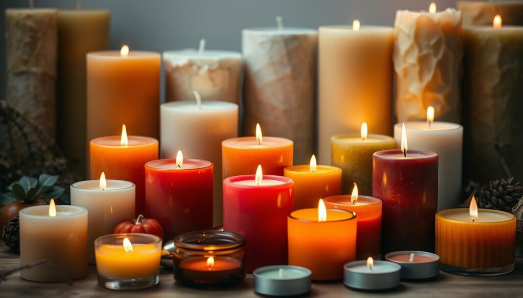 A cozy gathering of seasonal candles in varying shapes, sizes, and hues. In the foreground, a collection of pillars, votives, and tapers in autumnal shades of orange, red, and amber, their warm flickering flames casting a soft, inviting glow. In the middle ground, a scattering of tea lights and tealights in complementary earthy tones, strategically placed to create depth and dimension. The background features a mix of rustic, textured pillar candles in muted greens and whites, evoking a sense of tranquility and natural harmony. Soft, diffused lighting highlights the unique textures and undulating surfaces of the candles, while a slight vignette effect adds to the intimate, atmospheric ambiance.
