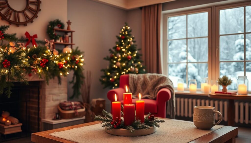 A cozy holiday-themed DIY room with a warm, festive atmosphere. In the foreground, a handmade garland of evergreen branches, pinecones, and twinkling string lights adorns the mantelpiece. On the coffee table, a centerpiece of red candles, holly leaves, and a dusting of fresh snow. The middle ground features a plush, velvet armchair draped with a knitted throw, and a side table displaying a DIY ceramic ornament and a mug of hot cocoa. In the background, a large window overlooks a snowy winter landscape, its sill decorated with a row of illuminated glass jars. Soft, ambient lighting fills the space, creating a cozy, inviting ambiance.