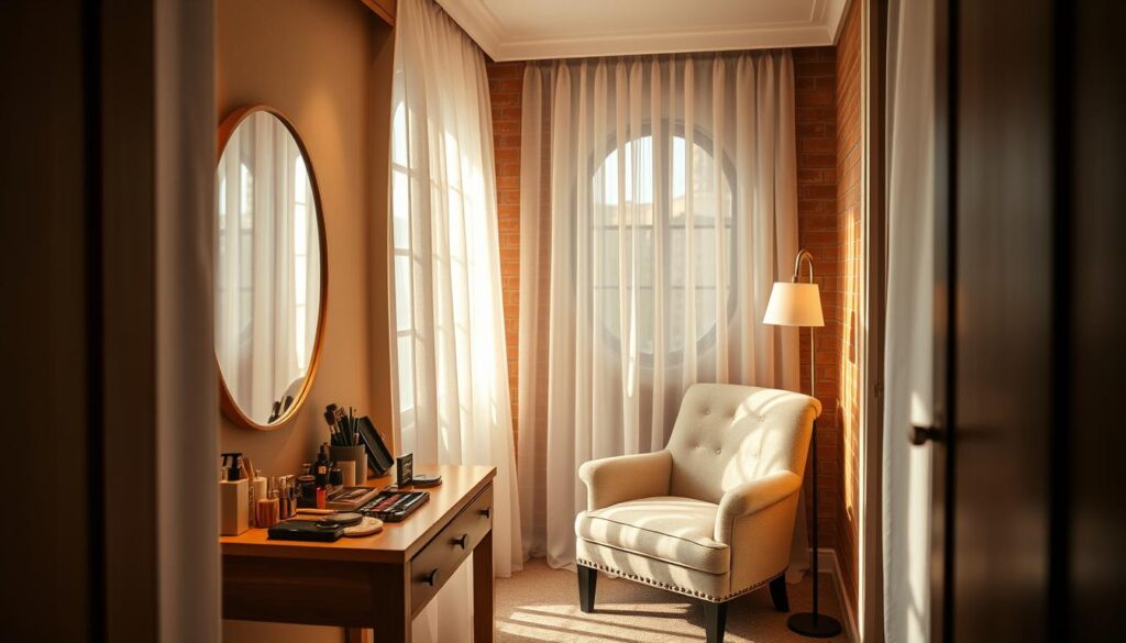 A cozy, intimate dressing room with soft, natural lighting filtering through sheer curtains. The foreground features a petite, wooden vanity with a large, round mirror and an array of makeup and beauty essentials. Elegant, upholstered armchair in the middle ground invites relaxation. The background showcases warm, textured walls, perhaps brick or paneling, creating a sense of warmth and character. Subtle, ambient lighting casts a gentle glow, establishing a serene, spa-like atmosphere. The overall composition emphasizes efficient use of limited space, showcasing smart storage solutions and a harmonious blend of form and function.