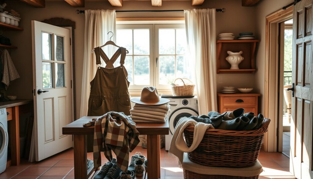 A cozy laundry room with natural light streaming in through a large window. On a wooden table, neatly folded gardening clothes are arranged - a pair of sturdy overalls, a well-worn button-up shirt, and a wide-brimmed hat. Nearby, a basket overflows with freshly washed gloves, socks, and a pair of heavy-duty boots. The room has a warm, earthy palette, with terracotta tiles and exposed wooden beams. A gentle breeze ruffles the curtains, creating a serene, homely atmosphere perfect for caring for one's gardening attire.