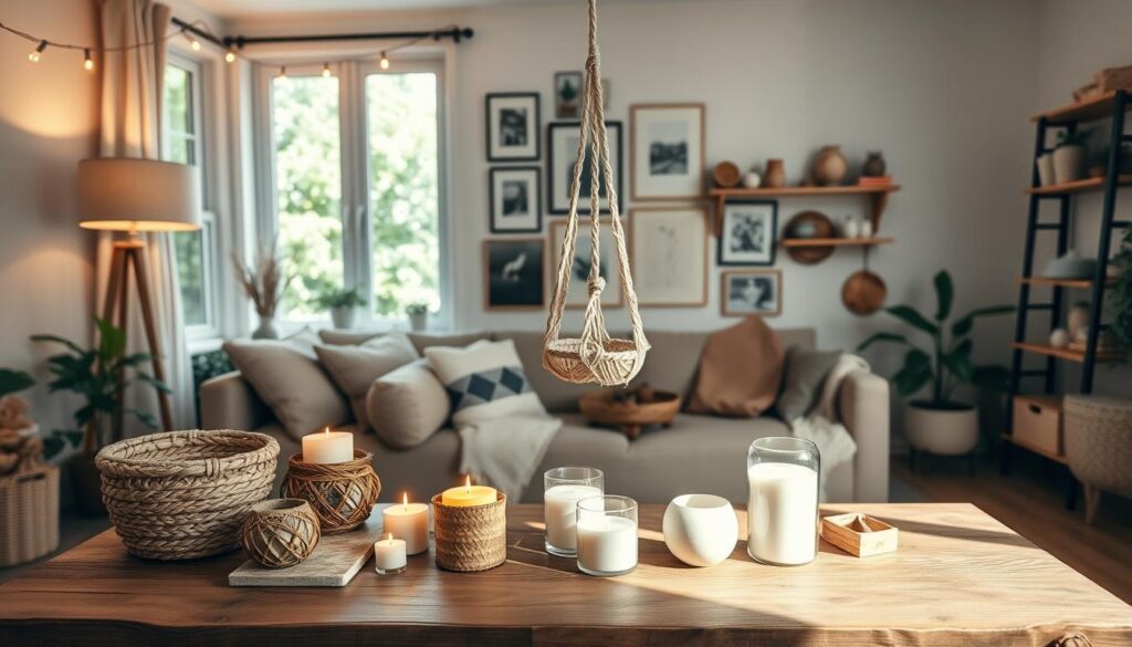 A cozy living room filled with a variety of handmade home decor projects. In the foreground, a rustic wooden coffee table showcases a collection of DIY candle holders, woven baskets, and a macrame plant hanger. Soft warm lighting from a floor lamp and string lights create a inviting ambiance. In the middle ground, a minimalist gallery wall features framed photographs, paintings, and handcrafted wooden shelves displaying DIY ceramics and trinkets. The background reveals a large window overlooking a lush, green backyard, allowing natural light to filter in and complement the earthy, homey aesthetic. The overall scene conveys a sense of comfort, creativity, and personalized style.